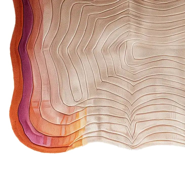 Top view of the Sahara Sunrise Hand Tufted Wool Rug, showcasing its abstract wave patterns in warm tones of orange and purple. This contemporary area rug is perfect for adding a stylish touch to living rooms, especially in an 8x10 size. Ideal for those seeking large, modern wool rugs.