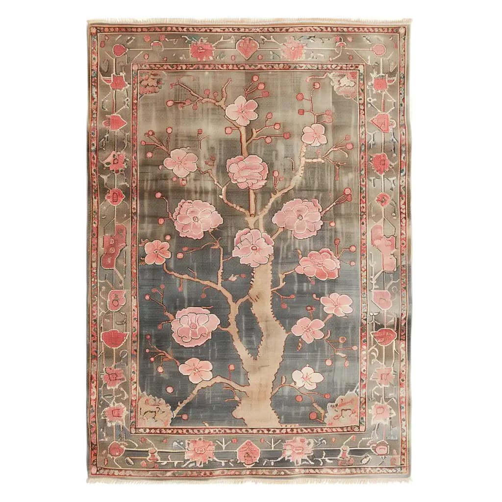 The Sakura Serenity Knotted Wool Rug features an elegant floral design, perfect as an area rug for adding a touch of nature to your living room. This 8x10 floral rug showcases intricate blossoms in soft pink hues against a neutral background, making it a stylish choice for those seeking area rugs for living room spaces.