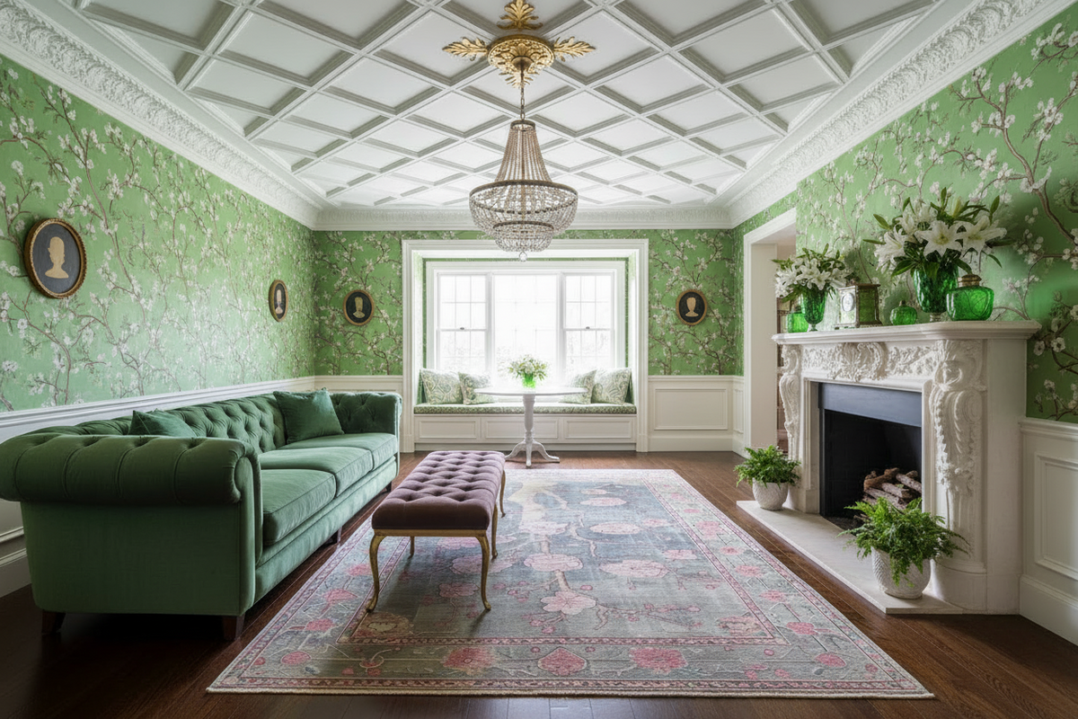 Luxurious living room with green walls, a chandelier, floral rug, and a fireplace.