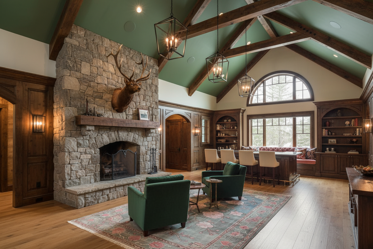 Luxurious living room with floral rug, stone fireplace, green chairs, and wooden beams.