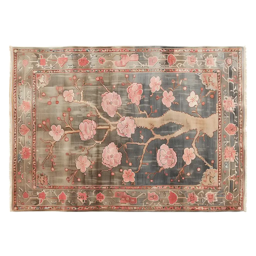 Top view of the Sakura Serenity Knotted Wool Rug, featuring a beautiful floral pattern with pink blossoms and intricate branches on a gray background. This elegant area rug is perfect for adding a touch of nature to your living room. Ideal for an 8x10 space, it's a stunning choice for area rugs in the living room.