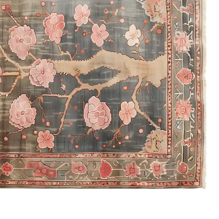 A stunning area rug with a floral design, showcasing delicate pink cherry blossoms on a soft, muted background. This Sakura Serenity Knotted Wool Rug is perfect for adding elegance to any living room. Sized 8x10, it's an ideal choice for those seeking beautiful area rugs for their living space.