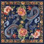 A beautifully intricate Sanctuary of Dreams hand-tufted square area rug featuring a vintage dragon motif surrounded by vibrant floral designs. This wool rug is ideal for adding a touch of elegance to your dining room or living room, serving as a perfect dining table rug or a standout piece among rugs for living rooms.