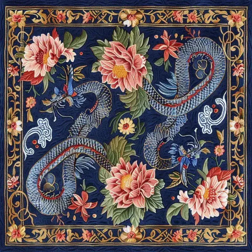 A beautifully intricate Sanctuary of Dreams hand-tufted square area rug featuring a vintage dragon motif surrounded by vibrant floral designs. This wool rug is ideal for adding a touch of elegance to your dining room or living room, serving as a perfect dining table rug or a standout piece among rugs for living rooms.