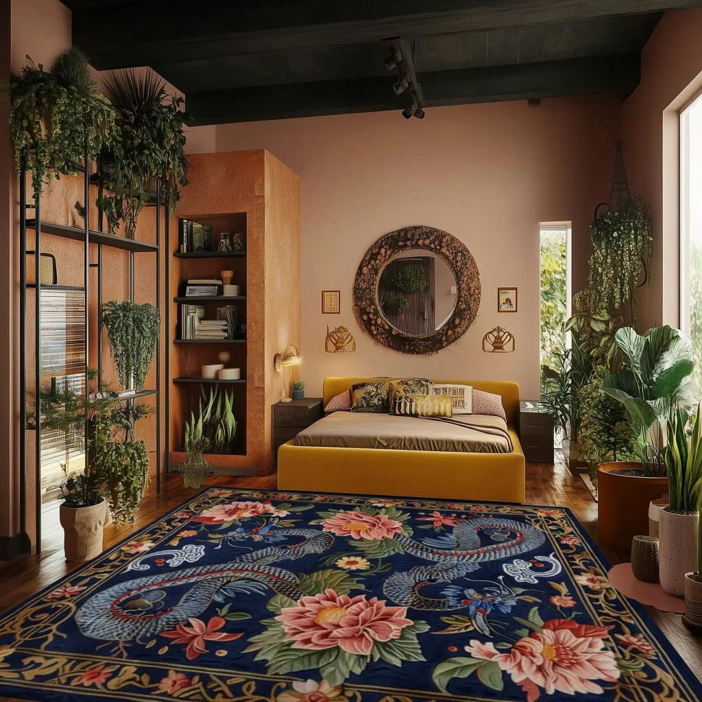 A beautifully designed Sanctuary of Dreams hand tufted area rug, featuring an intricate floral pattern with vibrant colors, placed in a cozy bedroom setting. The square wool rug adds a vintage charm, perfectly complementing the stylish decor and lush greenery. Ideal for living rooms and dining areas, this rug enhances the warmth and elegance of any space.