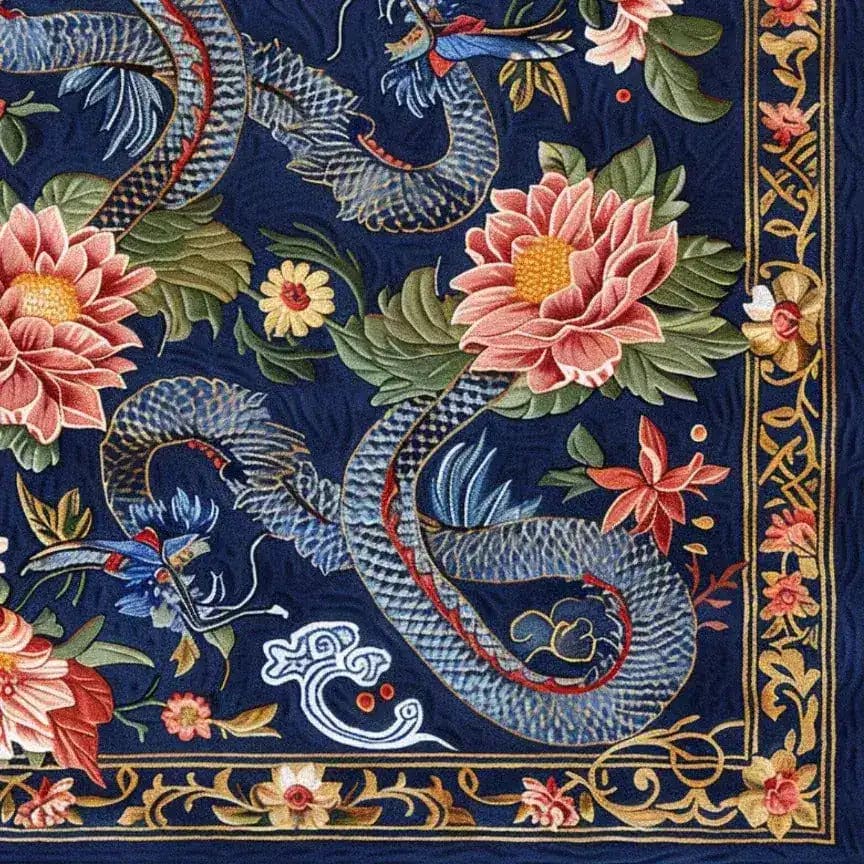 Vibrant hand-tufted wool area rug featuring an intricate design with colorful flowers and a dragon motif on a rich navy background. Perfect as a dining table rug or a square area rug for the living room, this vintage-inspired rug adds a touch of elegance to any dining room or living space.