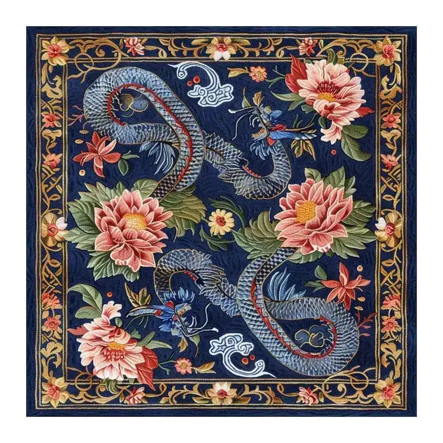 The Sanctuary of Dreams Hand Tufted Rug features a vintage design with intricate floral patterns and a mythical creature, perfect as a square area rug for dining rooms or living spaces. This wool rug showcases vibrant colors and detailed artistry, making it an ideal dining table rug or a striking addition to rugs for living rooms.