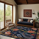 A vibrant Sanctuary of Dreams Hand Tufted Rug featuring an intricate dragon and floral pattern in a cozy living room. This square area rug adds a vintage touch to the space, complementing the wooden furniture and large window view. Ideal as a dining table rug or for enhancing a living room with its rich wool texture.