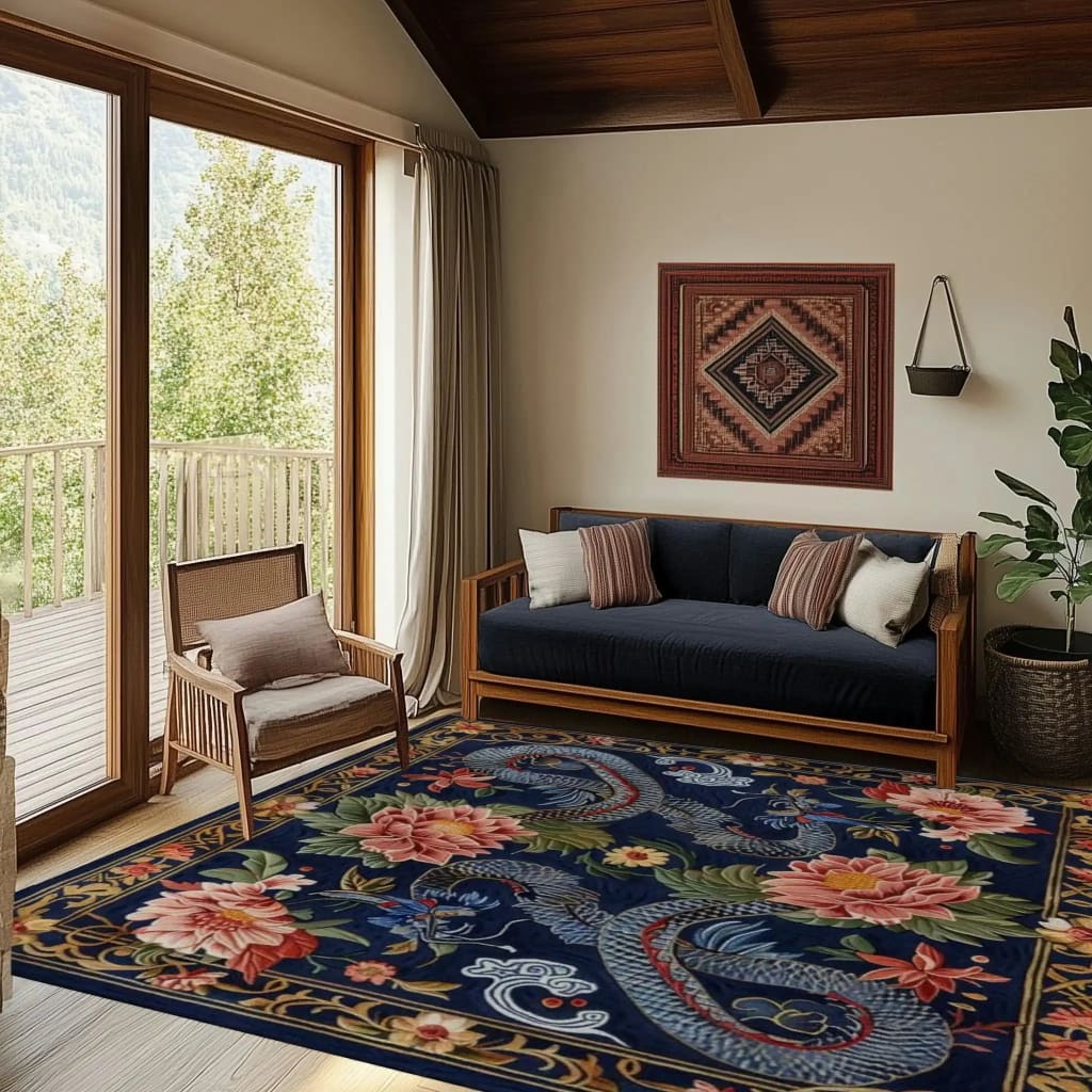 A vibrant Sanctuary of Dreams Hand Tufted Rug featuring an intricate dragon and floral pattern in a cozy living room. This square area rug adds a vintage touch to the space, complementing the wooden furniture and large window view. Ideal as a dining table rug or for enhancing a living room with its rich wool texture.