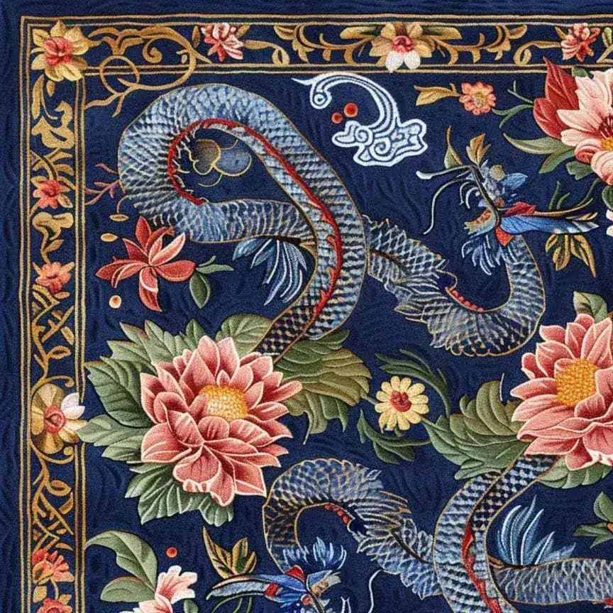 A beautifully detailed Sanctuary of Dreams hand-tufted wool rug featuring a vintage design with intricate floral patterns and a dragon motif on a rich blue background. Perfect as a square area rug for dining rooms or living rooms, this dining table rug adds elegance and charm to any space.