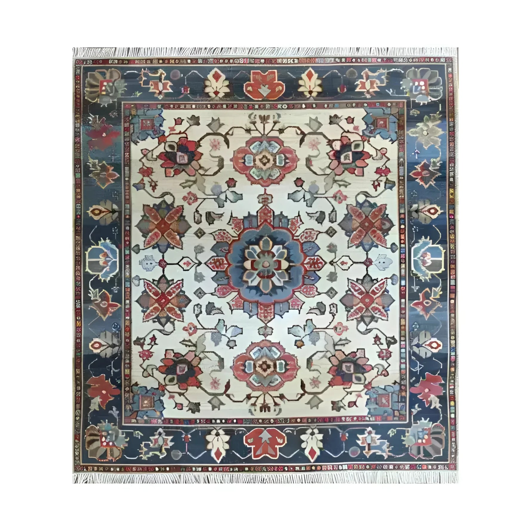 This beautiful Sand and Sea Hand Knotted Area Rug features an intricate floral design with rich colors, perfect for large living rooms. The vintage Persian rug showcases a stunning combination of reds, blues, and creams, making it an ideal choice for those looking to add a touch of elegance to their home decor. Perfect as a centerpiece in rugs for living room settings.