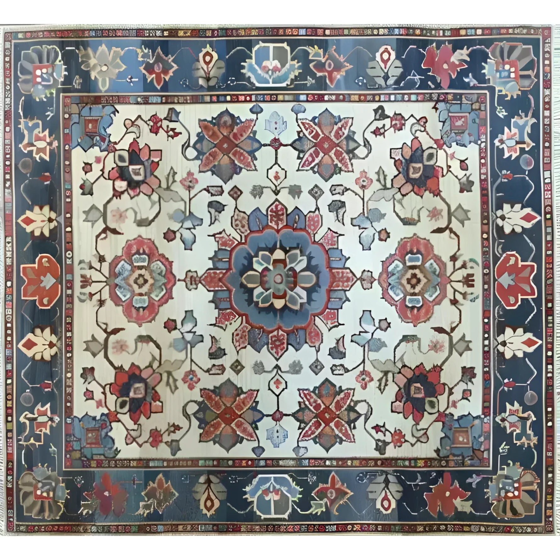 A beautifully intricate Sand and Sea Hand Knotted Area Rug featuring a vintage floral design. This Persian-style rug is perfect for adding a touch of elegance to large living rooms. The rug showcases a harmonious blend of blues, reds, and creams, making it an ideal choice for those looking for unique floral rugs or classic Persian rugs for their living room.