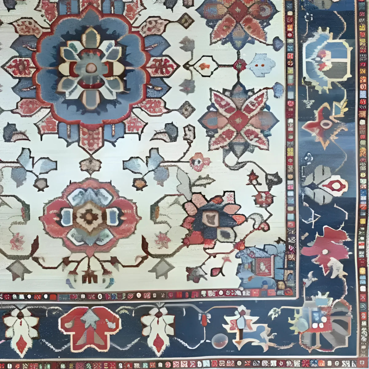 Close-up detail of the Sand and Sea Hand Knotted Area Rug, featuring an intricate floral design with vibrant colors. This vintage Persian-style rug is perfect for large living rooms, adding a touch of elegance and charm to any space.