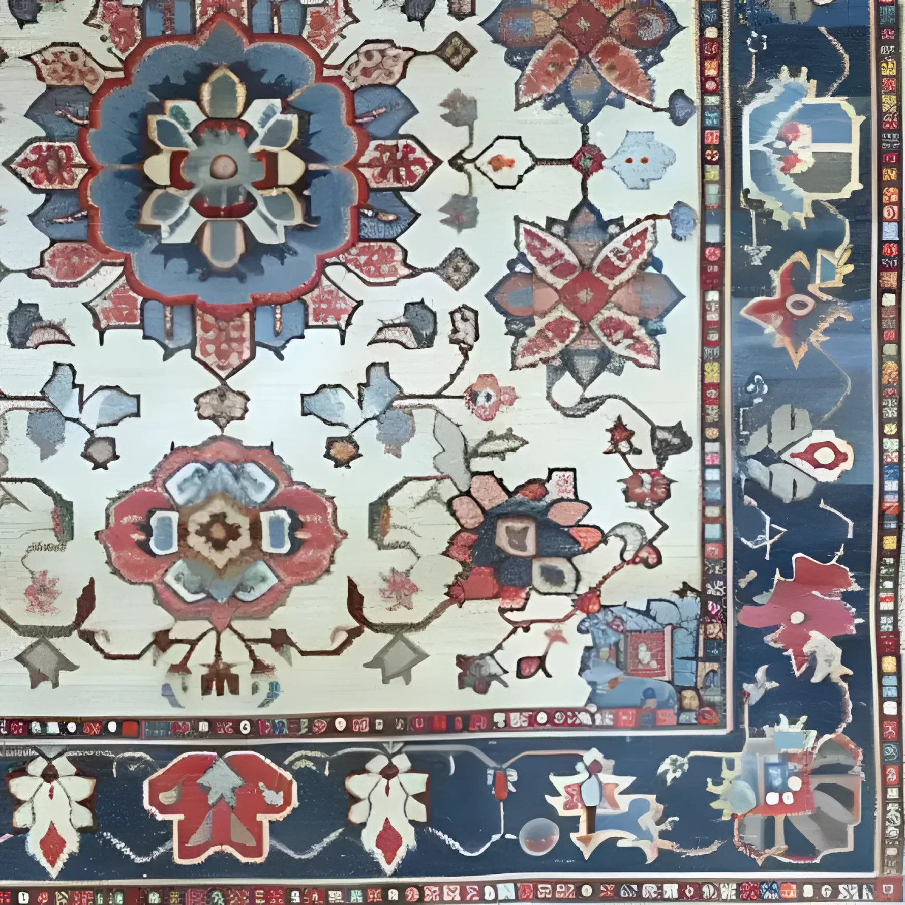 Close-up detail of the Sand and Sea Hand Knotted Area Rug, featuring an intricate floral design with vibrant colors. This vintage Persian-style rug is perfect for large living rooms, adding a touch of elegance and charm to any space.