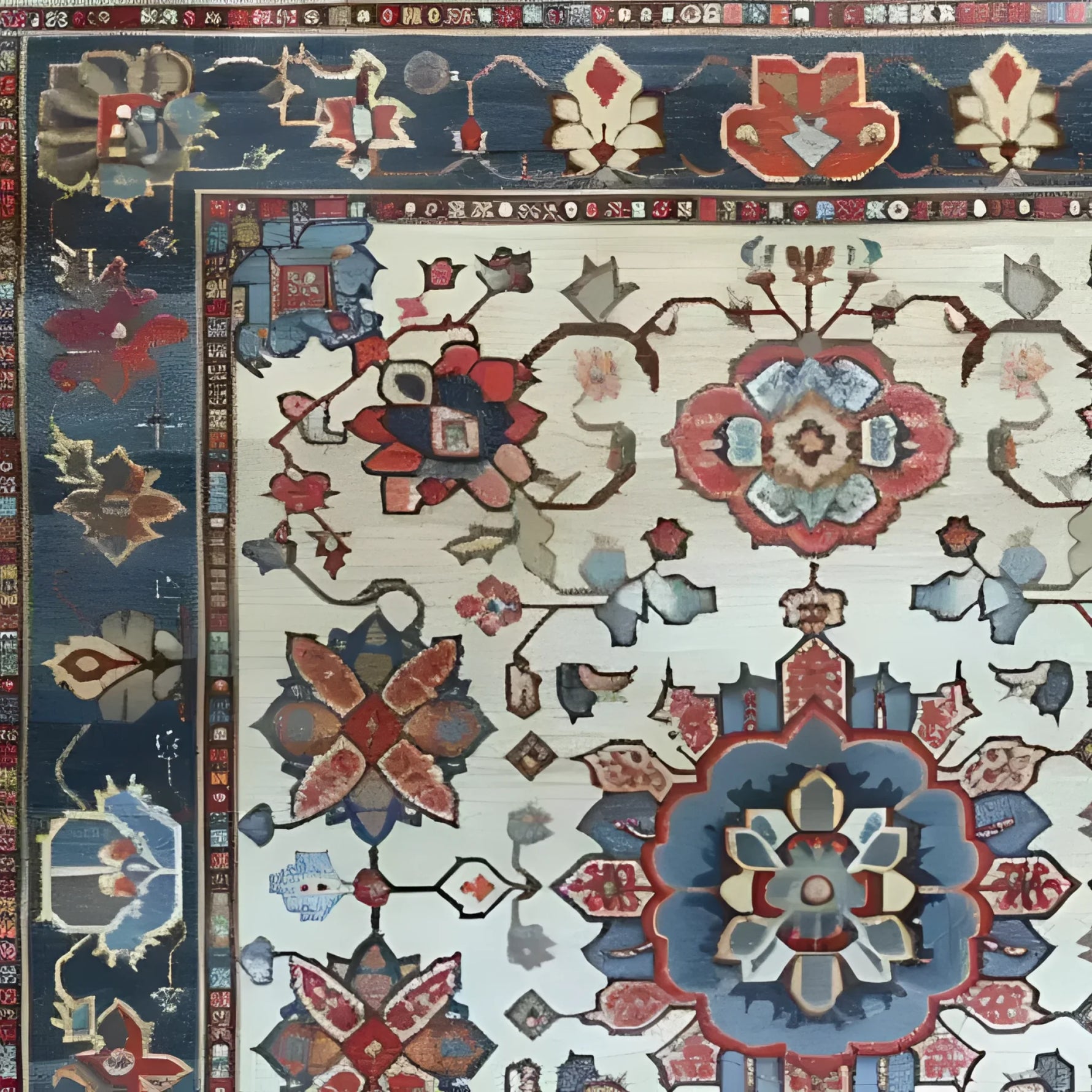 This image showcases the intricate design of the Sand and Sea Hand Knotted Area Rug, featuring a vibrant floral pattern in rich blues, reds, and creams. Perfect for large living room spaces, this vintage rug offers a touch of Persian elegance, making it an ideal choice for those seeking unique rugs for living rooms.