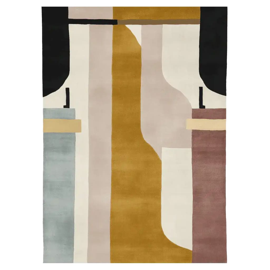 Top view of the Sand Veil Geometry Hand Tufted Area Rug, showcasing its abstract design with bold geometric shapes in muted tones of gold, beige, and black. This contemporary wool rug is perfect for enhancing large living room spaces.