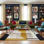 Modern living room with a green sofa, colorful rug, and decorative items.
