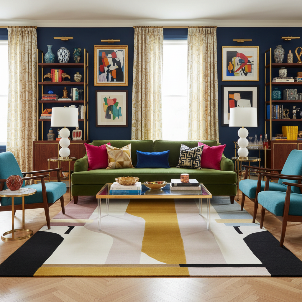 Modern living room with a green sofa, colorful rug, and decorative items.