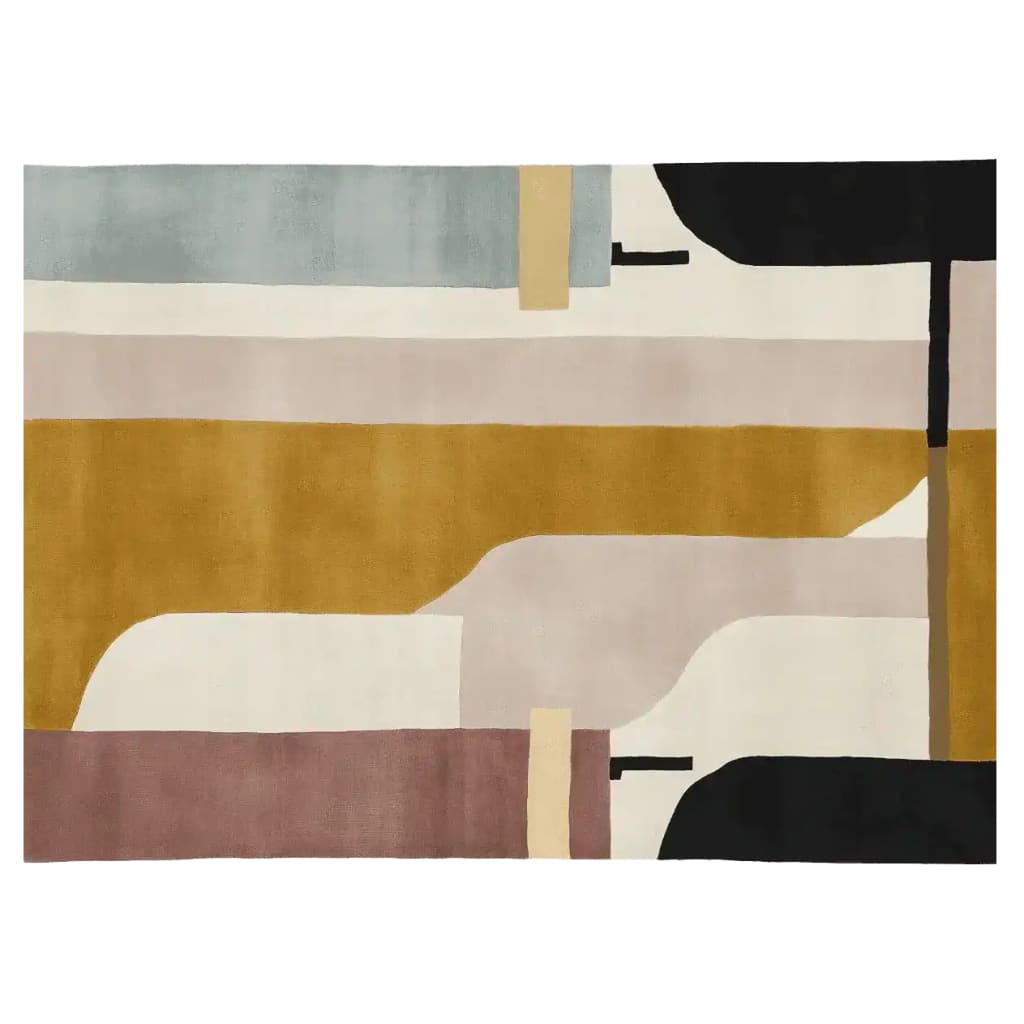 A contemporary wool area rug titled 'Sand Veil Geometry Hand Tufted Rug', featuring an abstract design with geometric shapes in muted tones of blue, gold, pink, and black. This large living room rug is perfect for adding a modern touch to any space.
