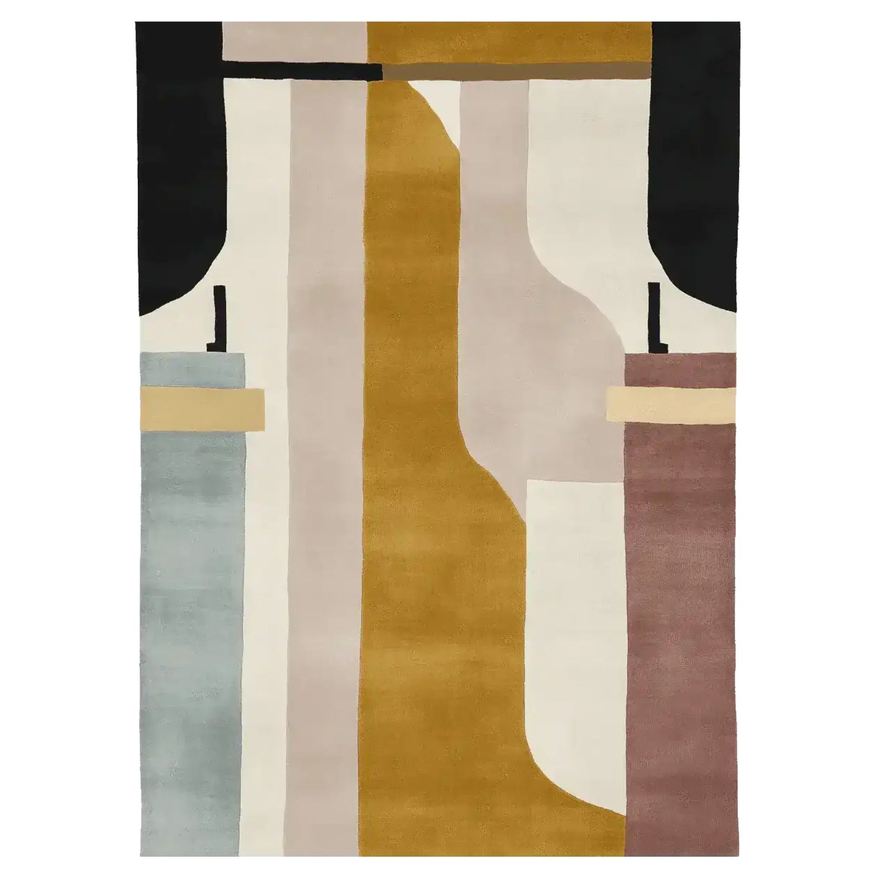 Top view of the Sand Veil Geometry Hand Tufted Area Rug, showcasing its abstract design with bold geometric shapes in muted tones of gold, beige, and black. This contemporary wool rug is perfect for enhancing large living room spaces.