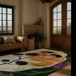 A beautifully designed wool rug, perfect for living rooms or offices, featuring an abstract pattern with earthy tones. The Sandscape Essence Hand Tufted Rug adds a touch of elegance and warmth to the living room area, complementing the cozy brown sofa and modern decor.