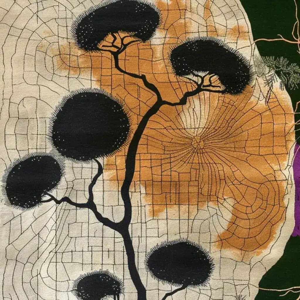 A beautifully designed Sandscape Essence Hand Tufted Area Rug featuring an abstract pattern with black circular shapes and intricate lines on a warm, earthy background. Perfect for adding a touch of sophistication to living rooms or offices, this wool rug enhances any space as a stylish centerpiece.