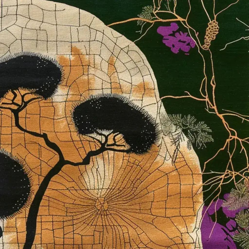 A vibrant and artistic area rug featuring a hand-tufted design with abstract tree patterns in black and tan on a lush green background. This wool rug is perfect for adding a touch of elegance to living room or office spaces, ideal for those seeking unique living room area rugs.