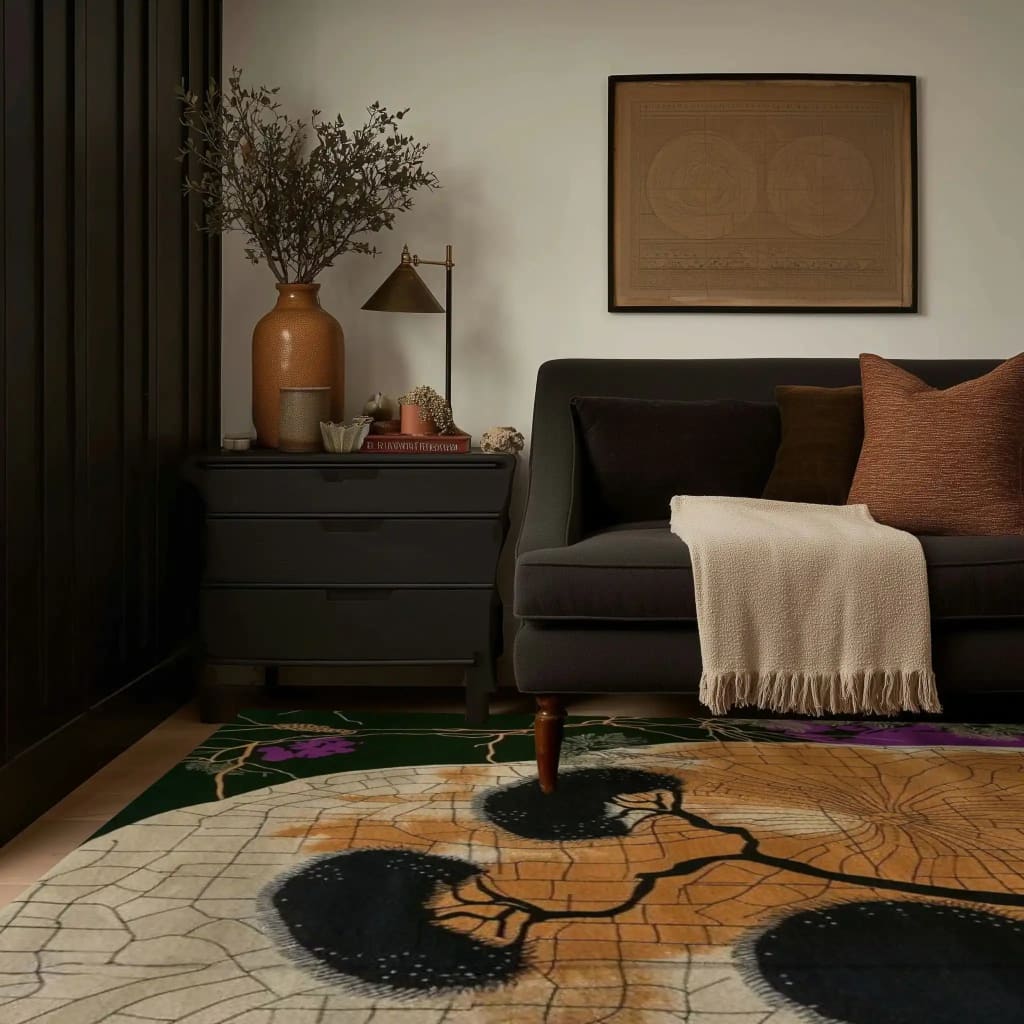 A stylish living room featuring a Sandscape Essence Hand Tufted Area Rug with an abstract design. The wool rug adds a touch of elegance to the space, complementing the dark sofa and earthy decor. Perfect for living room and office settings, this rug enhances the room's warmth and style.