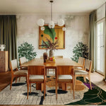 A stylish dining room featuring the Sandscape Essence Hand Tufted Area Rug with an abstract design. The wool rug, perfect for living room or office spaces, enhances the wooden dining set and modern decor, creating a warm and inviting atmosphere.