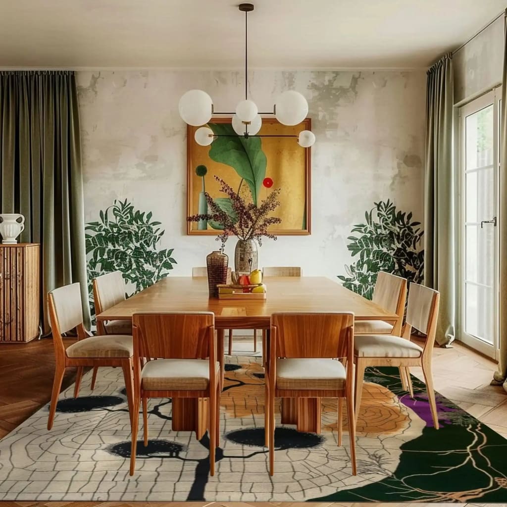 A stylish dining room featuring the Sandscape Essence Hand Tufted Area Rug with an abstract design. The wool rug, perfect for living room or office spaces, enhances the wooden dining set and modern decor, creating a warm and inviting atmosphere.
