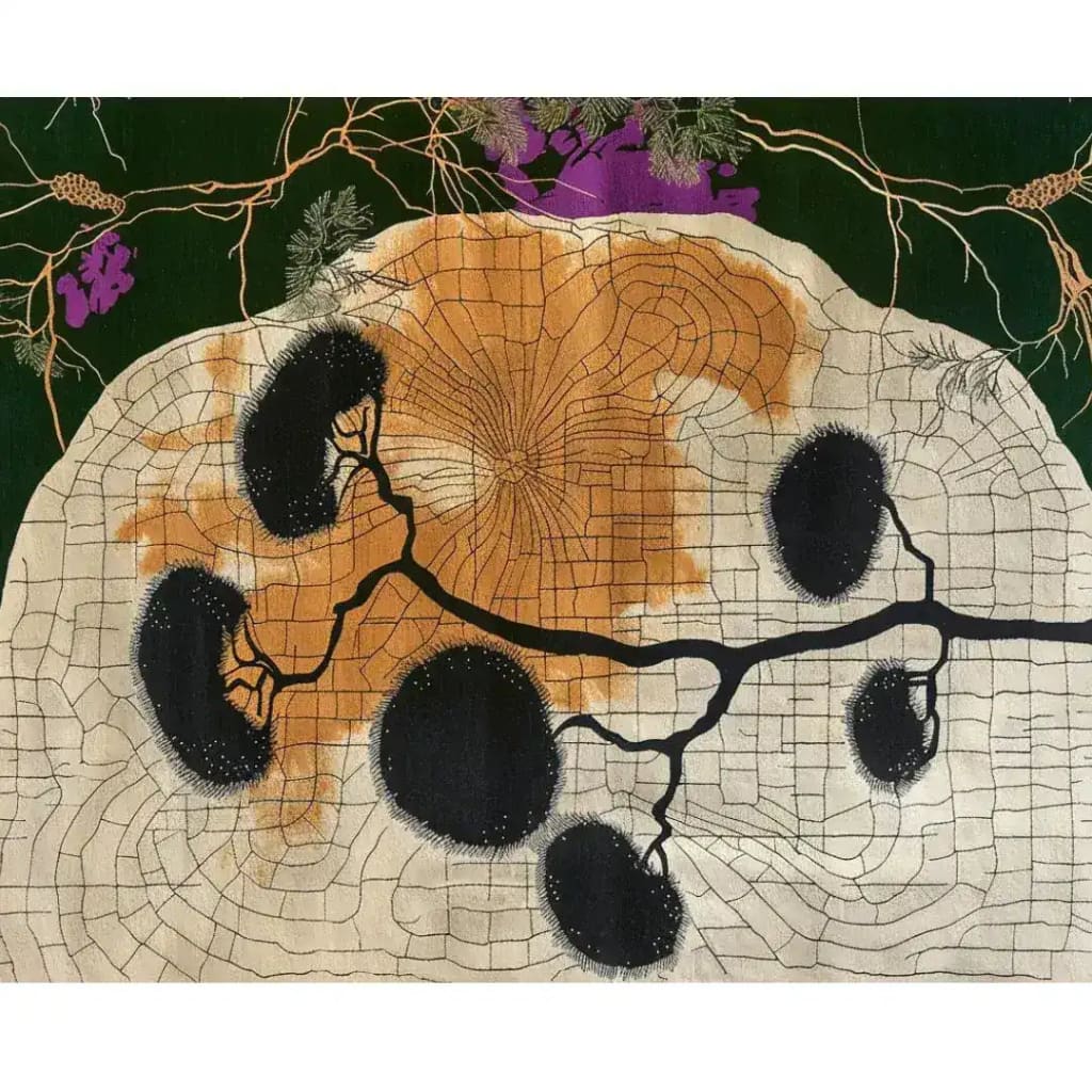 Top view of the Sandscape Essence Hand Tufted Area Rug, featuring an abstract design with earthy tones and black accents, perfect for adding style to living rooms or offices. This wool rug combines artistic elegance with functionality, ideal for those seeking unique rugs for their living room area.