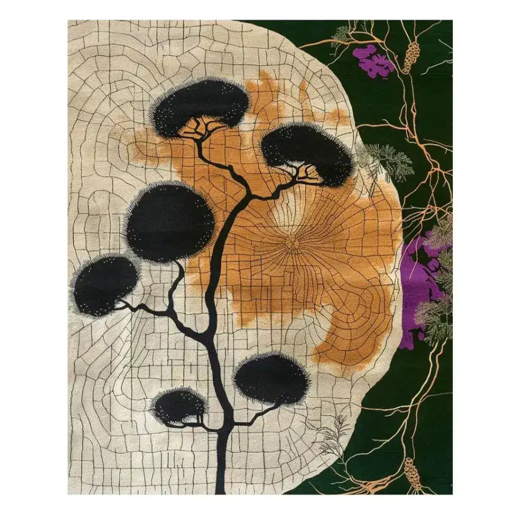 A beautifully designed Sandscape Essence Hand Tufted Area Rug featuring an abstract pattern with black, orange, and purple hues. Perfect for adding a touch of elegance to living room area rugs or as a wool rug in an office setting.