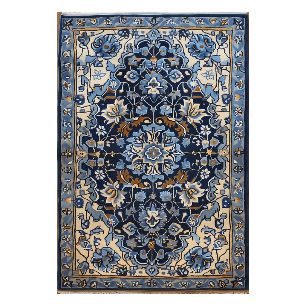 A beautifully designed Sapphire Arabesque Hand Tufted Wool Rug featuring intricate floral patterns in shades of blue and beige. This area rug is perfect for adding elegance to any living room, ideal for spaces needing living room rugs 8x10.