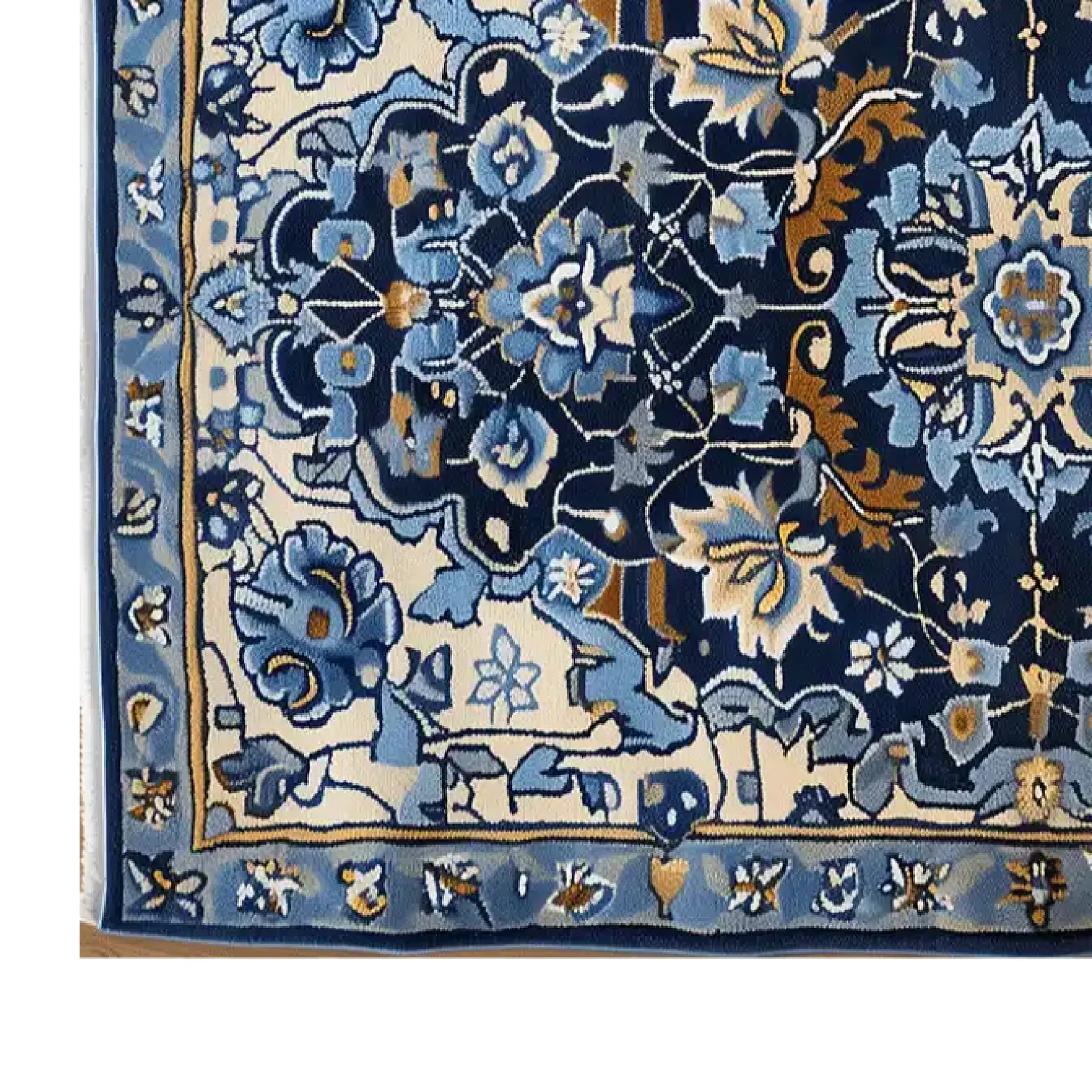 Close-up of Sapphire Arabesque Hand Tufted Wool Rug, showcasing intricate floral patterns in shades of blue and gold. Ideal for enhancing the elegance of living rooms, this area rug, sized 8x10, offers a luxurious and cozy touch.