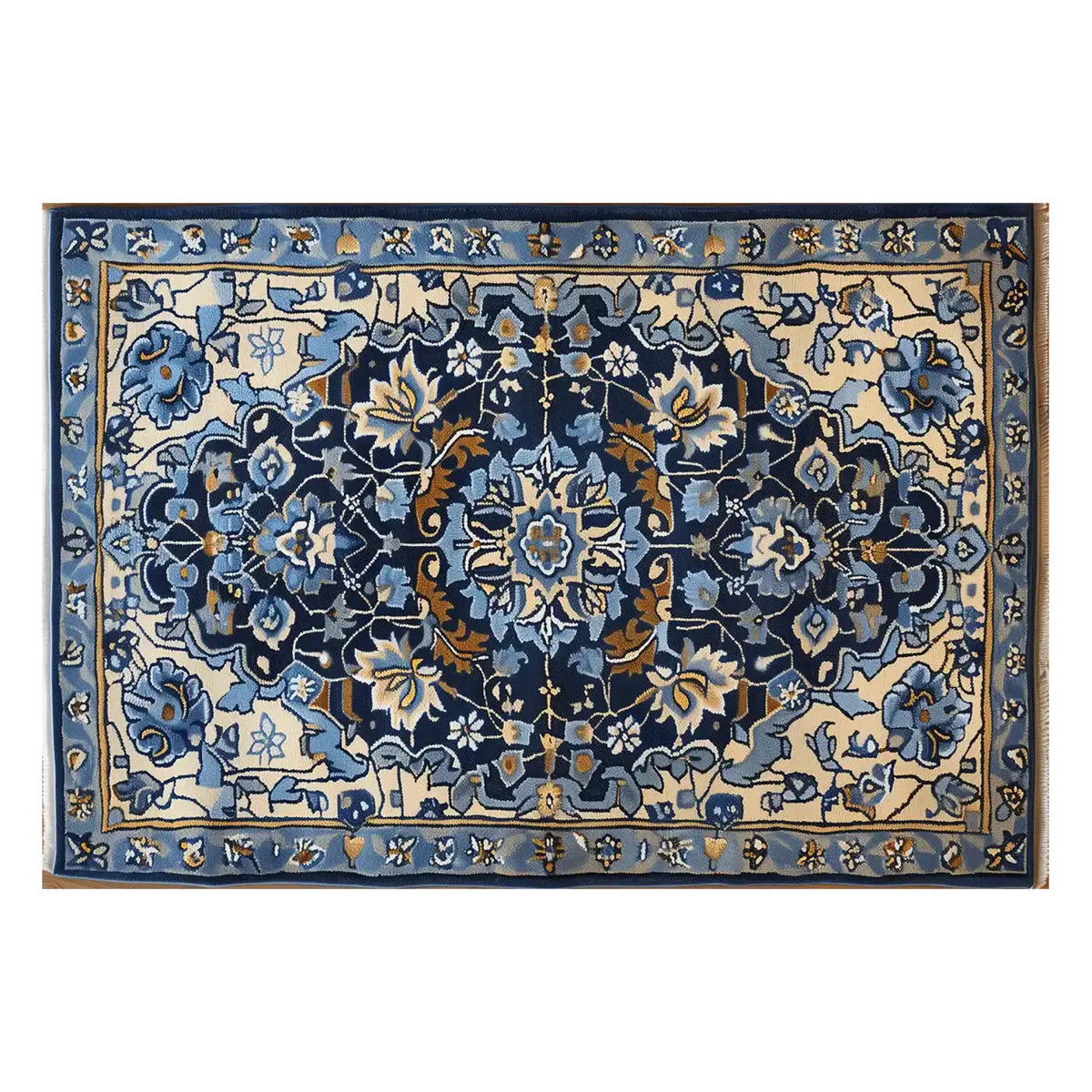 Top view of the Sapphire Arabesque Hand Tufted Wool Rug, an elegant area rug featuring intricate floral patterns in shades of blue and beige. Perfect for adding a touch of sophistication to living rooms, this 8x10 wool rug enhances any space with its detailed design.
