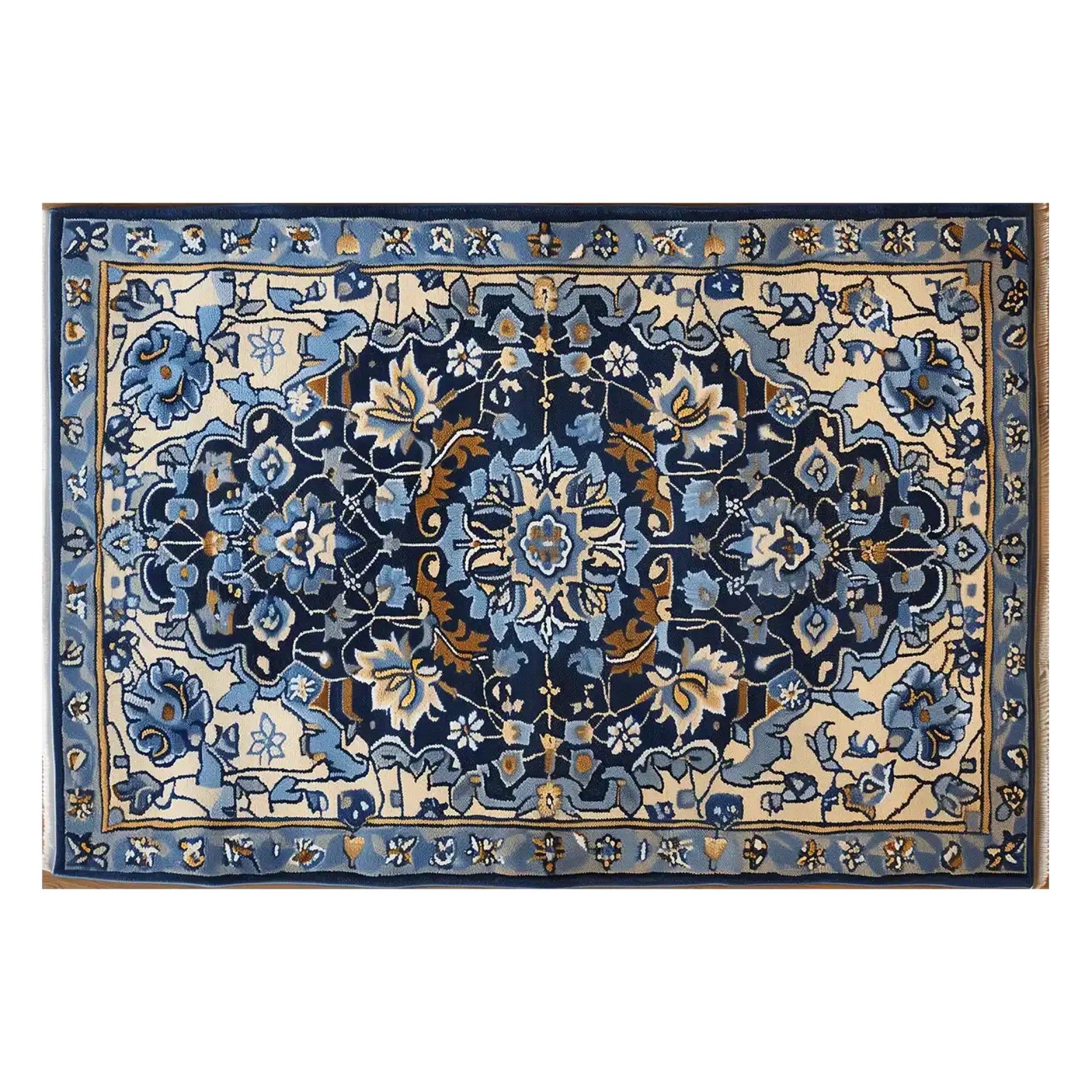 Top view of the Sapphire Arabesque Hand Tufted Wool Rug, an elegant area rug featuring intricate floral patterns in shades of blue and beige. Perfect for adding a touch of sophistication to living rooms, this 8x10 wool rug enhances any space with its detailed design.