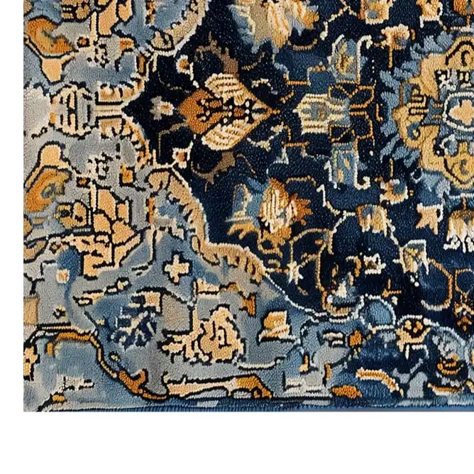 Close-up view of the Sapphire Elegance hand-tufted wool rug showcasing its intricate abstract patterns in shades of blue, beige, and gold. This luxurious area rug is perfect for adding a touch of elegance to large living rooms. Ideal as an 8x10 living room rug, it combines style and comfort effortlessly.