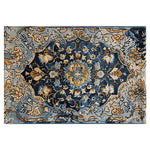 Top view of a Sapphire Elegance hand tufted wool rug, showcasing intricate patterns and rich colors, perfect for large living room spaces. This area rug, sized 8x10, features a detailed design in shades of blue, gold, and beige, ideal for adding a touch of elegance to any living room.