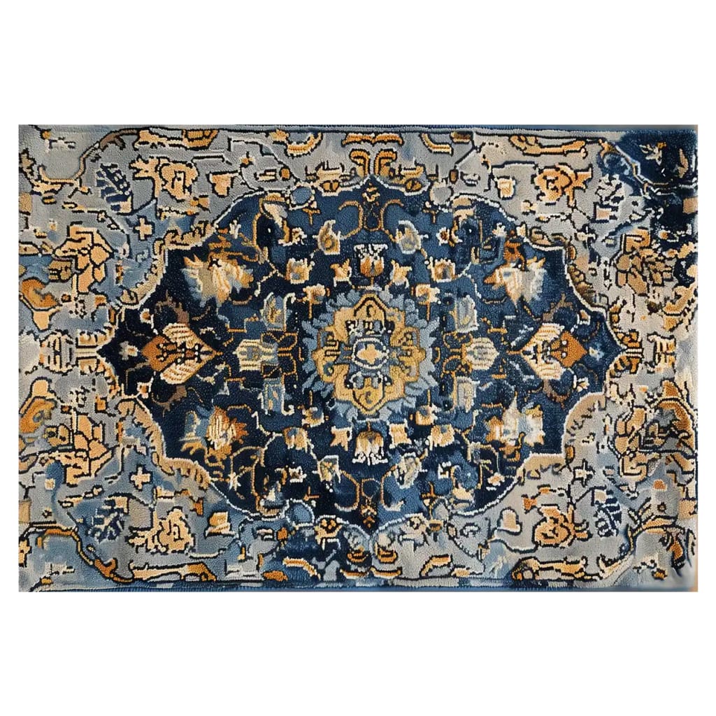 Top view of a Sapphire Elegance hand tufted wool rug, showcasing intricate patterns and rich colors, perfect for large living room spaces. This area rug, sized 8x10, features a detailed design in shades of blue, gold, and beige, ideal for adding a touch of elegance to any living room.