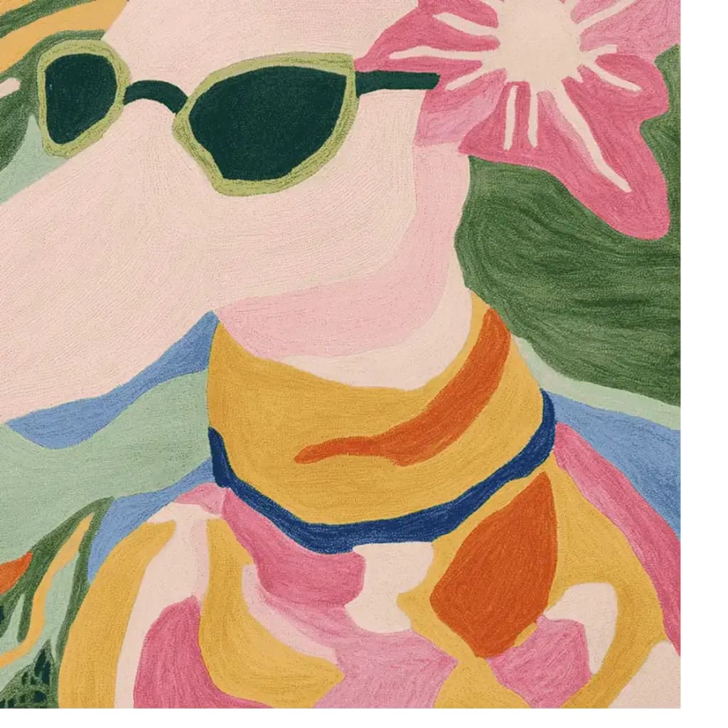 A vibrant, hand-tufted square area rug featuring an abstract design of a dog wearing sunglasses, with a tropical flower accent. This contemporary wool rug in bold colors like pink, green, and yellow adds a playful touch to any living room.