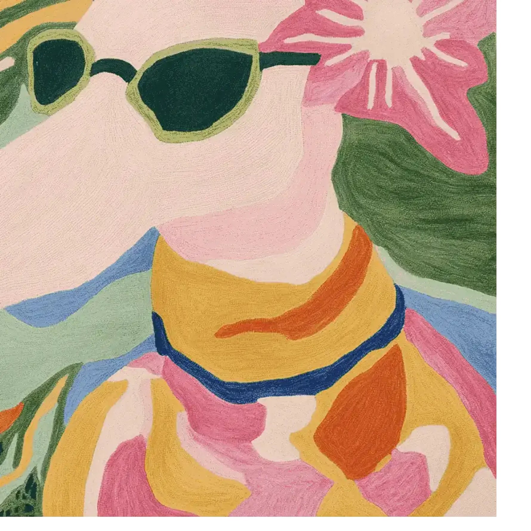 A vibrant, hand-tufted square area rug featuring an abstract design of a dog wearing sunglasses, with a tropical flower accent. This contemporary wool rug in bold colors like pink, green, and yellow adds a playful touch to any living room.