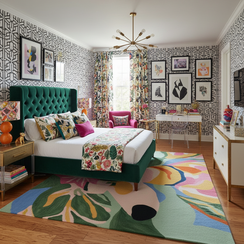 Decorative bedroom with a green bed, colorful rug, and patterned walls.