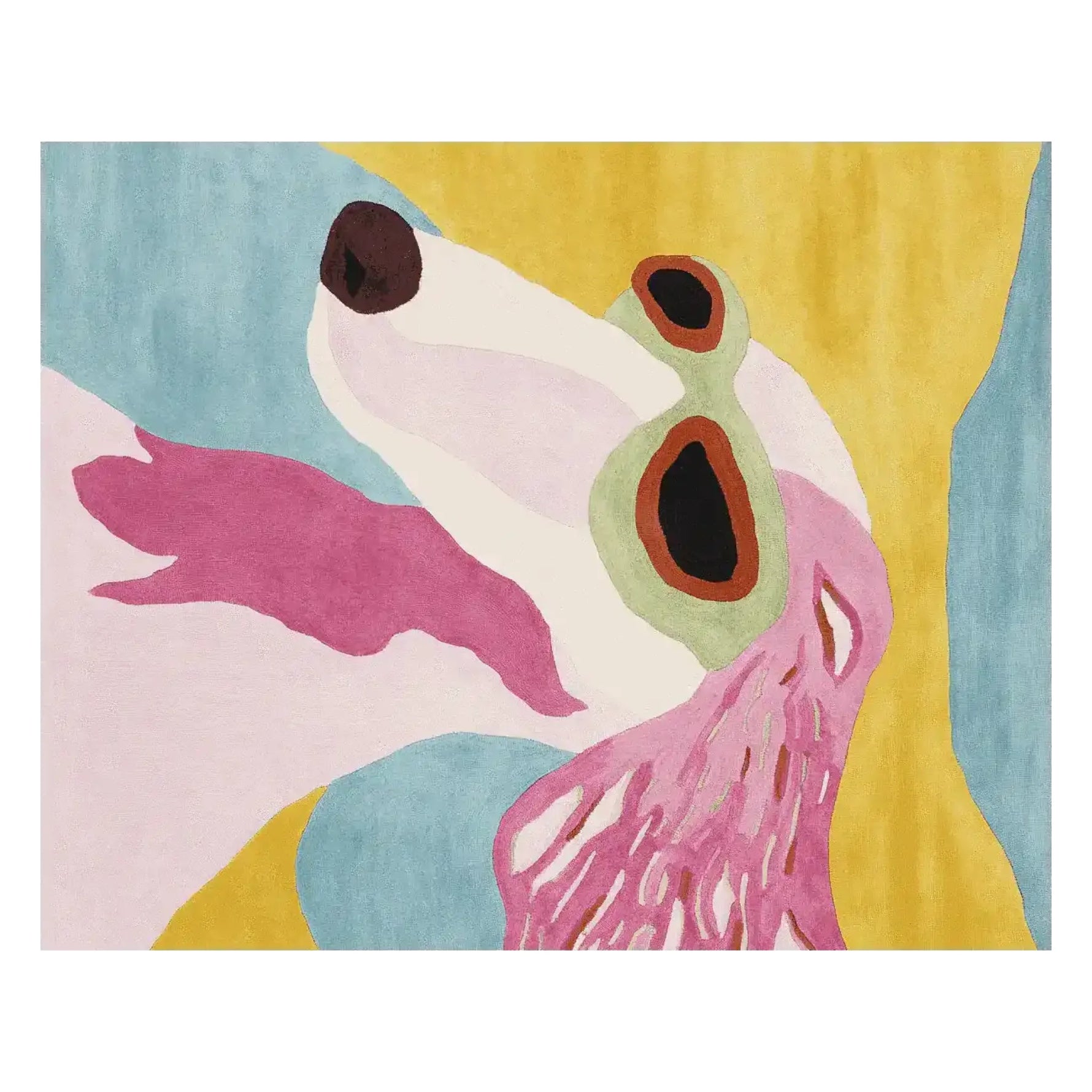 Vibrant and colorful Area Rug featuring an abstract design of a dog with pink, yellow, and blue hues. This contemporary wool rug adds a playful touch to large living room spaces, perfect for those seeking unique living room area rugs.