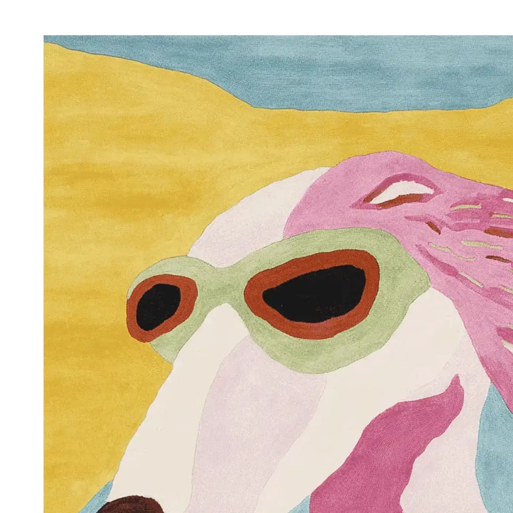 Vibrant and playful area rug featuring a whimsical abstract design of a hound in sunglasses, perfect for adding a touch of fun to contemporary living room spaces. This large wool rug offers a unique blend of colors, making it an eye-catching centerpiece for any living room area.