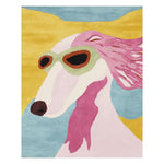Vibrant area rug featuring a contemporary design with a whimsical hound wearing sunglasses. This hand-tufted wool rug is perfect for adding a playful touch to large living rooms. The bold colors and artistic style make it a standout piece among living room area rugs.