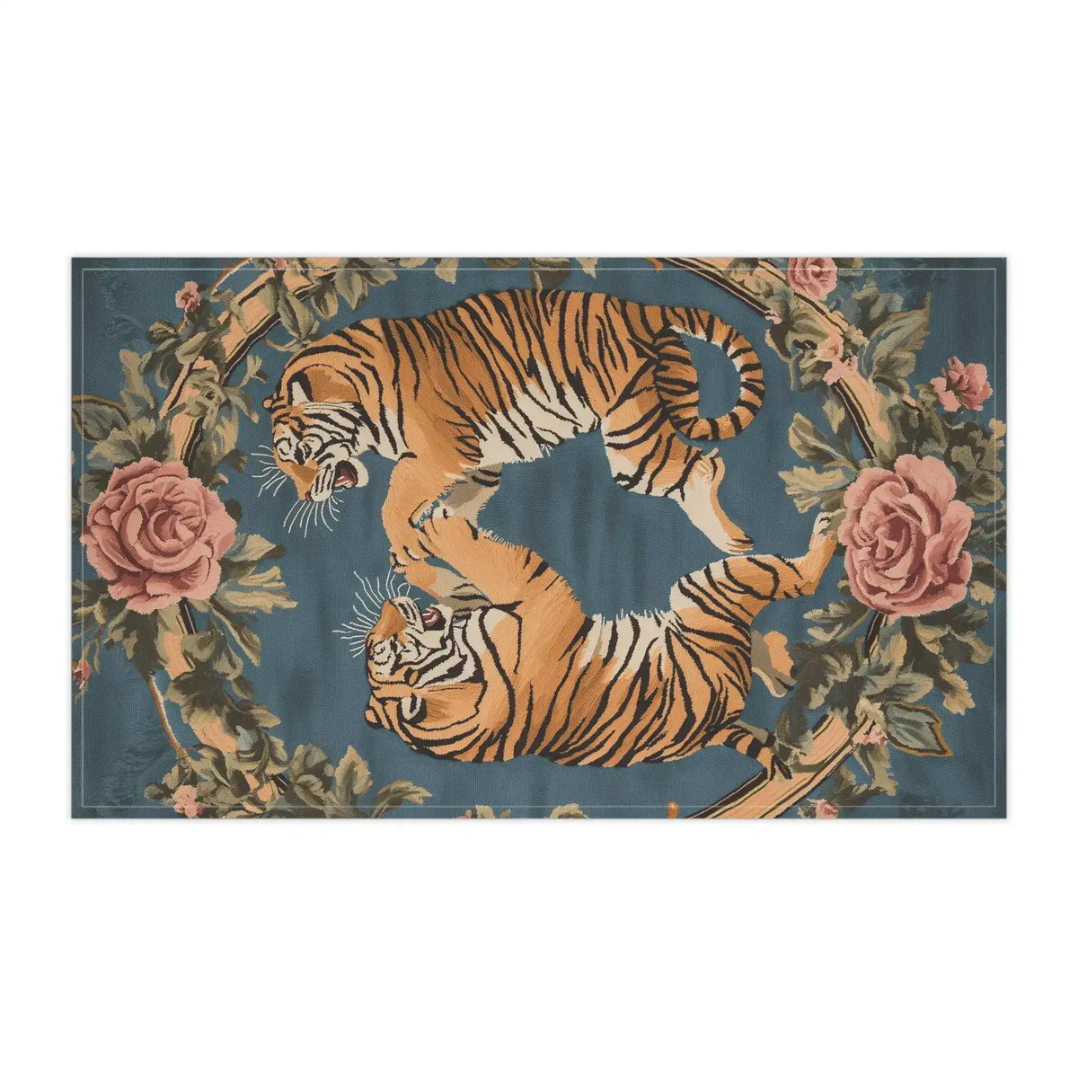 Cotton kitchen towel teal blue flat lay two dueling tigers in oval rose wreath horizontal