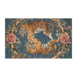 Cotton kitchen towel teal blue flat lay two dueling tigers in oval rose wreath horizontal