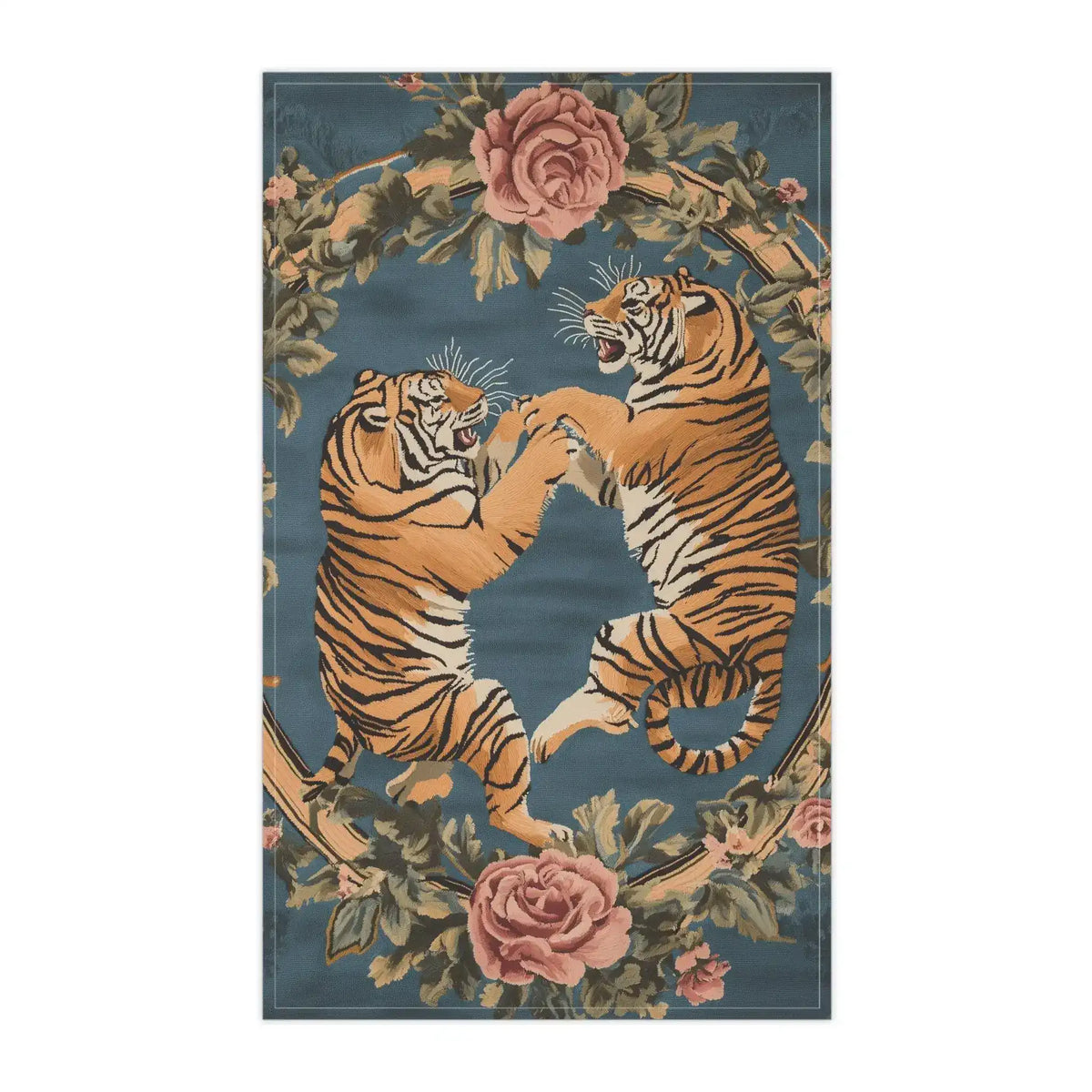 Cotton kitchen towel teal blue ground two tigers in floral rose wreath print rectangular