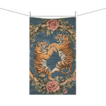 Savage Symphony kitchen towel hanging teal blue tigers pink roses floral oval border clothesline