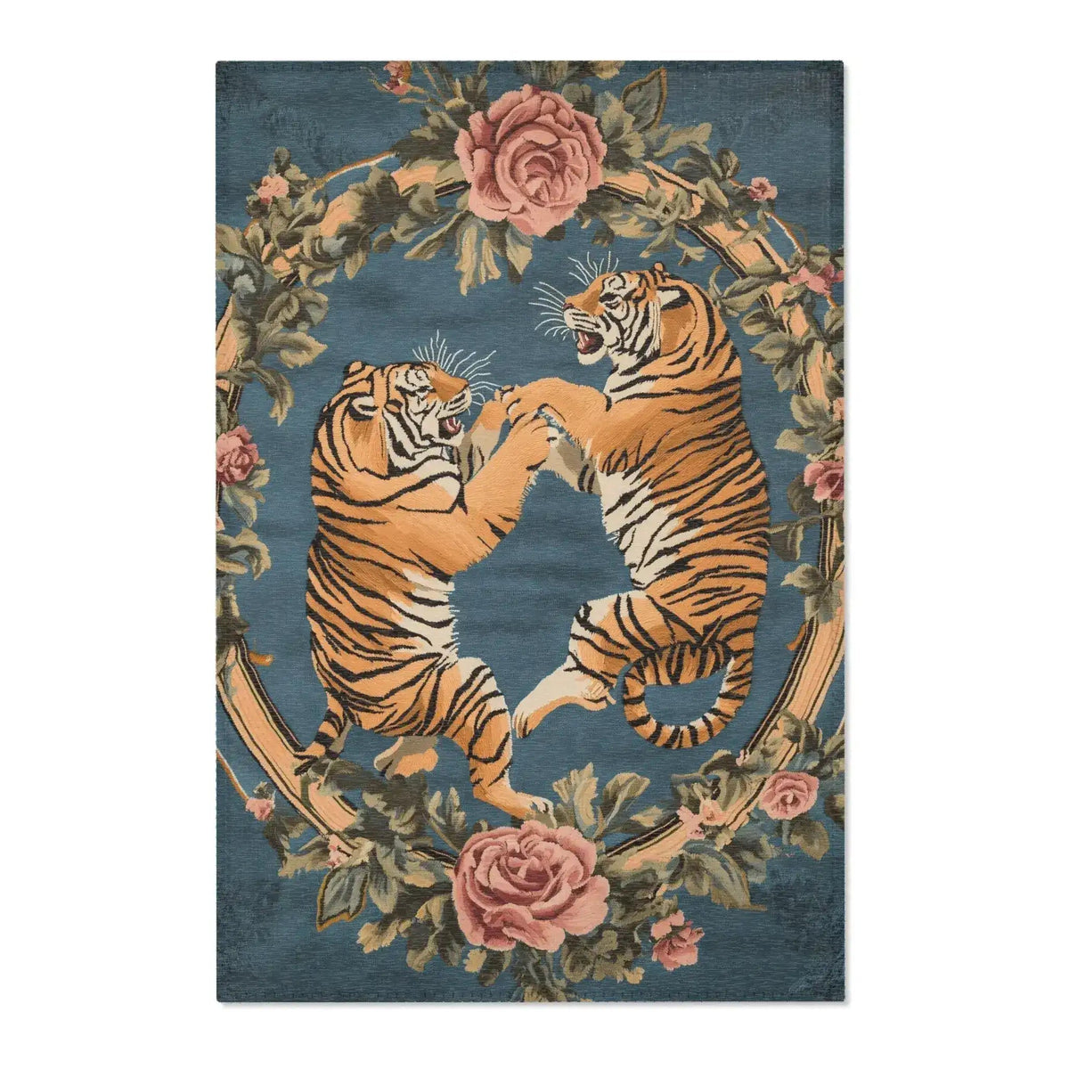 Full front view of two fighting golden tigers within pink rose and green leaf wreath on slate-blue background on the Savage Symphony Vintage Tapestry of Fierce Elegance
